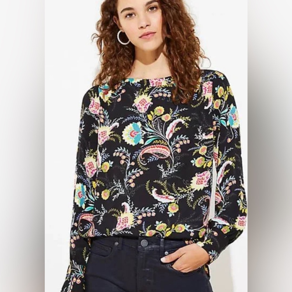 LOFT Floral‎ Boatneck Puff Sleeve Long Sleeve Blouse Top S